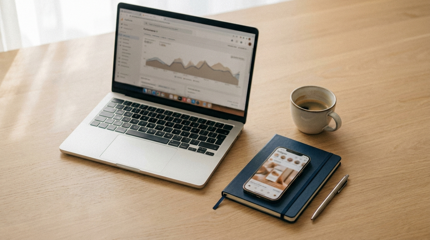 Campaign analytics on laptop and a social ad on phone